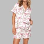 Trendy Pink Coquette Bow Floral Pajama Set For Women