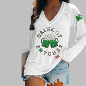 Women's Funny St. Patrick's Day Drink Up Bitches Green Beer Casual Long-Sleeve Top