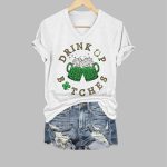 Women's Funny St. Patrick's Day Drink Up Bitches Green Beer Cheers Casual V-Neck Tee