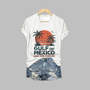 V neck Retro Gulf Of Mexico Since 1550 Now And Forever Print T Shirt 1