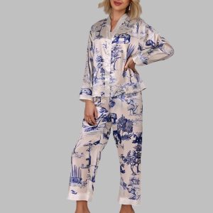 V neck Wildlife Plants Printed Pajama Set 1