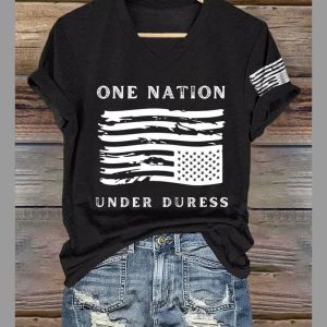 V neck Retro One Nation Under Duress Print T Shirt 1