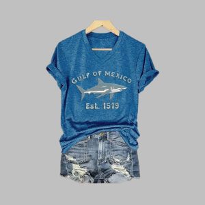 Women's Gulf Of Mexico EST 1519 Printed V Neck T-Shirt