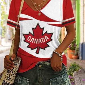 Women's Canada Hockey Print V Neck T Shirt