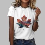 Women's Scenic Autumn Landscape Featuring Canadian Maple Leaves Print T-Shirt