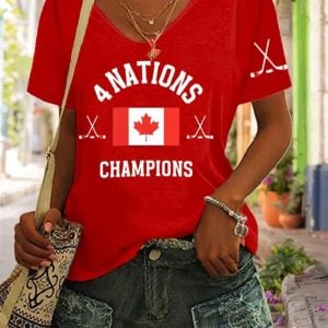Women's Four Nations Champions Canada Hockey Print V-Neck Short Sleeve T-Shirt
