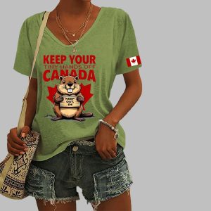 Women's Keep Your Tiny Hands off Canada Keep Out Eh Printed V-Neck T-Shirt