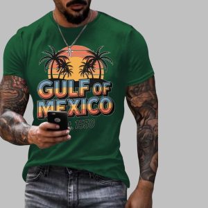 Retro Gulf Of Mexico Printed Casual Crew Neck T-Shirt