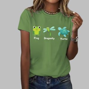 Womens Frog Dragonfly Turtle Print Round Neck T Shirt 1