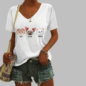 Womens Animal FDT Cat Printed V Neck T Shirt 1