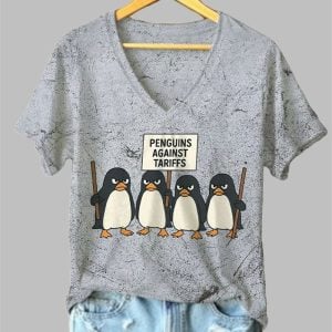 Women's Retro Penguins Against Tariffs Print V Neck T Shirt