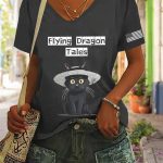 Women's Animal FDT Cat Flying Dragon Tales V-Neck T-Shirt