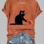 Women's FDT Black Cat Print V-Neck T-Shirt