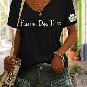 Women's Feeling Dog Tired Print V Neck Casual T-Shirt