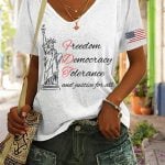 Women's Freedom Democracy Tolerance And Justice For All Print V Neck Casual T-Shirt