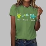 Women's Frog Dragonfly Turtle Print Round Neck T-Shirt
