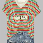 Women's Mental Health It's Ok Color Striped Print T-Shirt