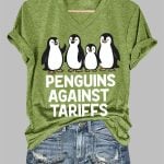 Women's Penguins Against Tariffs Printed V Neck T-shirt