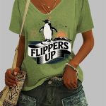 Women's Penguins Flippers Up Print V Neck Casual T-Shirt