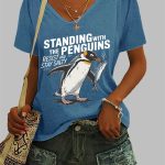 Women's Penguins Resist And Stay Salty Print V Neck Casual T-Shirt
