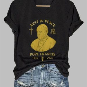 Womens Rest In Peace Pope Francis 1936 2025 Print Casual T Shirt 1