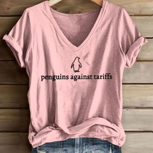 Womens Retro Penguins Against Tariffs Print T Shirt 1