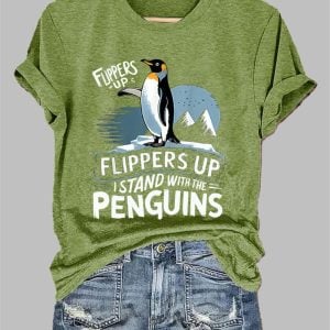 Women's Retro Penguins Flippers Up I Stand With The Penguins Print T-Shirt