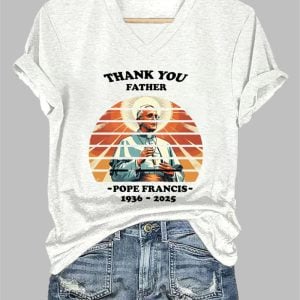 Womens Retro Thank You Father Pope Francis Print T Shirt 1