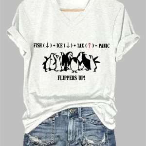 Womens Penguins Flippers Up Printed V Neck T shirt 1