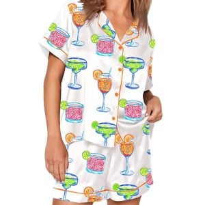 Bright Cocktail Trio Aperol Spritz Margarita Paloma Coastal Cowgirl Short Sleeve Satin Pajama Set 1