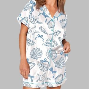 Coquette Seashell Coastal Summer Vibes Short Sleeve Satin Pajama Set 1