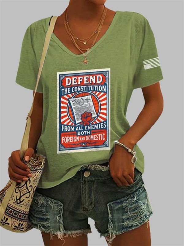 V-Neck Defend The Constitution From All Enemies Both Foreign And Domestic Print T-Shirt