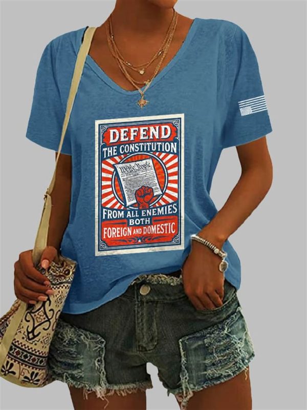 V Neck Defend The Constitution From All Enemies Both Foreign And Domestic Print T Shirt 2