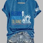 V-Neck FDT Freedom Democracy Tolerance And Justice For All Print T-Shirt