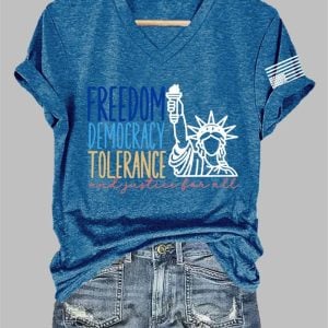 V-Neck FDT Freedom Democracy Tolerance And Justice For All Print T-Shirt