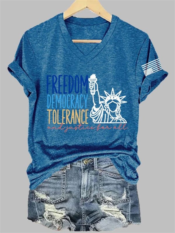 V-Neck FDT Freedom Democracy Tolerance And Justice For All Print T-Shirt