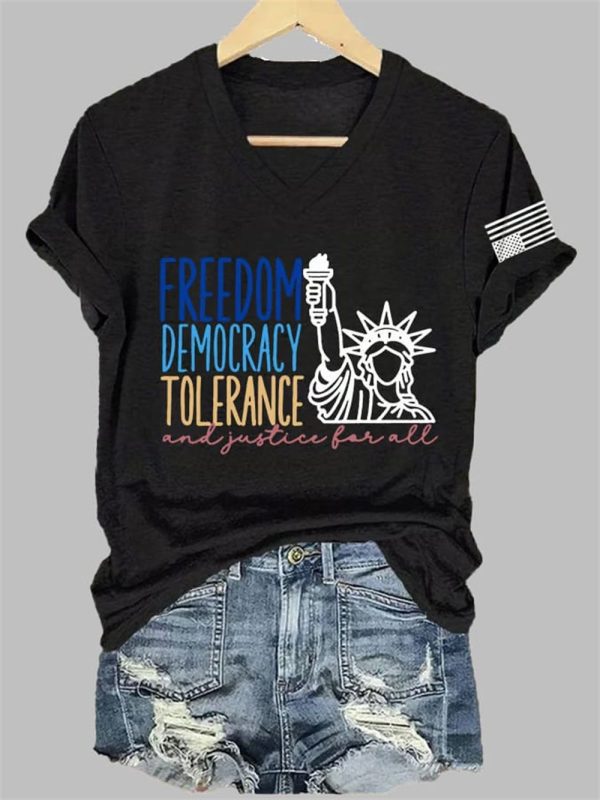 V Neck FDT Freedom Democracy Tolerance And Justice For All Print T Shirt 2