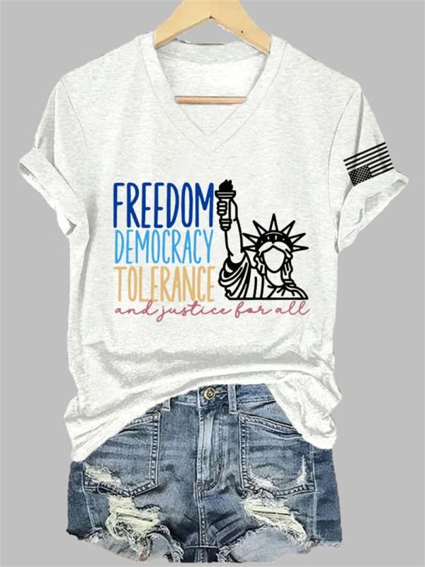 V Neck FDT Freedom Democracy Tolerance And Justice For All Print T Shirt 3