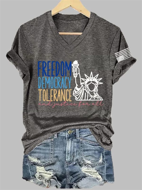 V Neck FDT Freedom Democracy Tolerance And Justice For All Print T Shirt 4