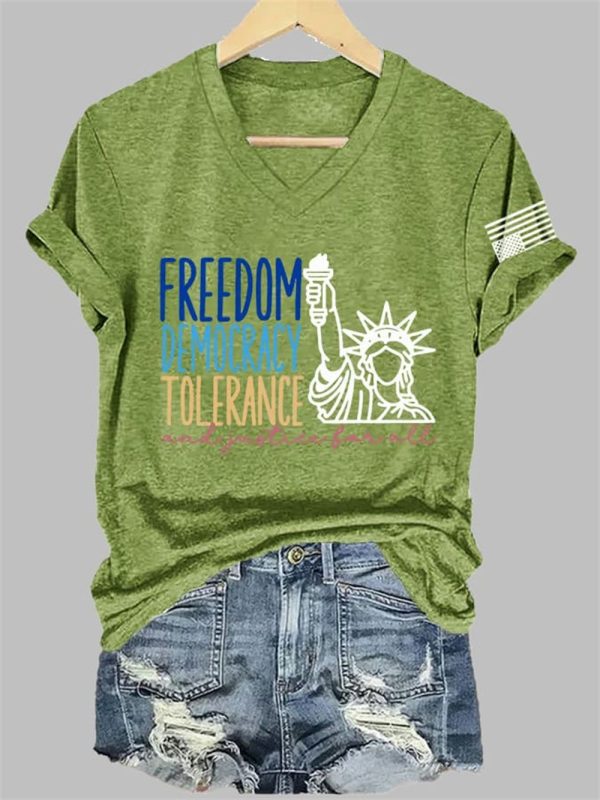 V Neck FDT Freedom Democracy Tolerance And Justice For All Print T Shirt 5