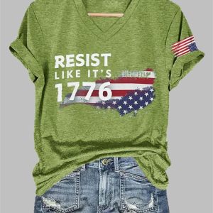 V-Neck Retro Resist Like It's 1776 Print T-Shirt