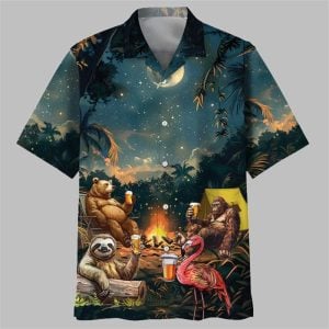 Camping Bigfoot Bear Sloth Flamingo Hawaiian Shirt 1