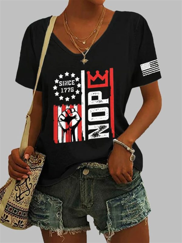 Women's Retro No Kings Nope Protest Print V Neck T Shirt 4