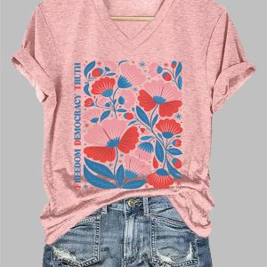 Women's Casual FDT Floral Protest Freedom Democracy Truth Print T-Shirt