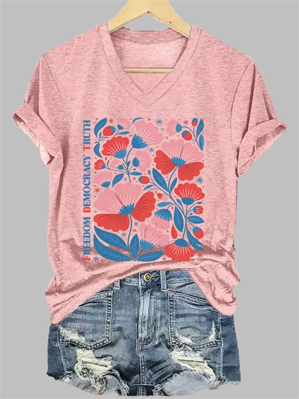 Women's Casual FDT Floral Protest Freedom Democracy Truth Print T-Shirt