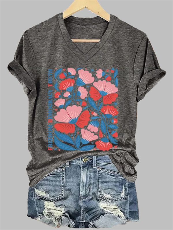Womens Casual FDT Floral Protest Freedom Democracy Truth Print T Shirt 2