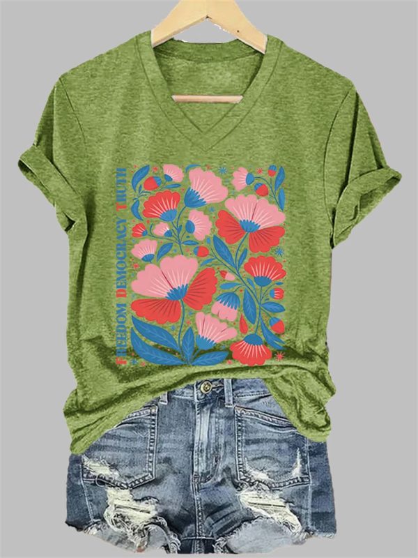 Womens Casual FDT Floral Protest Freedom Democracy Truth Print T Shirt 3