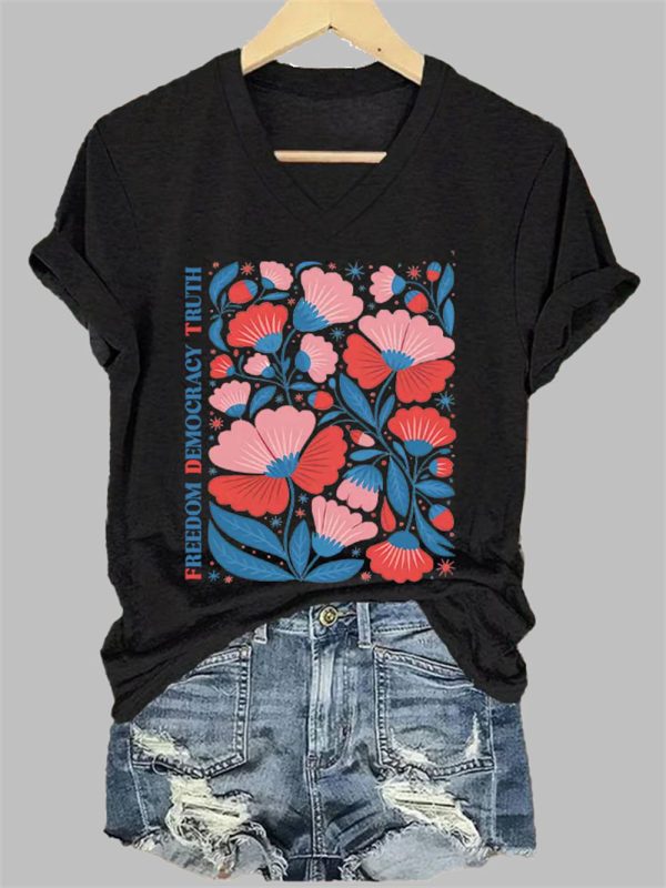 Womens Casual FDT Floral Protest Freedom Democracy Truth Print T Shirt 4