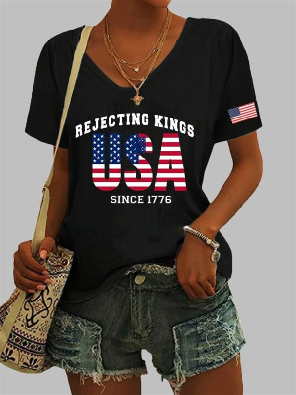 Womens Casual Fdt Rejecting Kings USA Since 1776 Print T Shirt 2