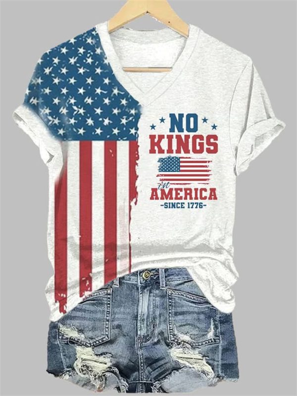 Womens No Kings In America Since 1776 Print V Neck T Shirt 2